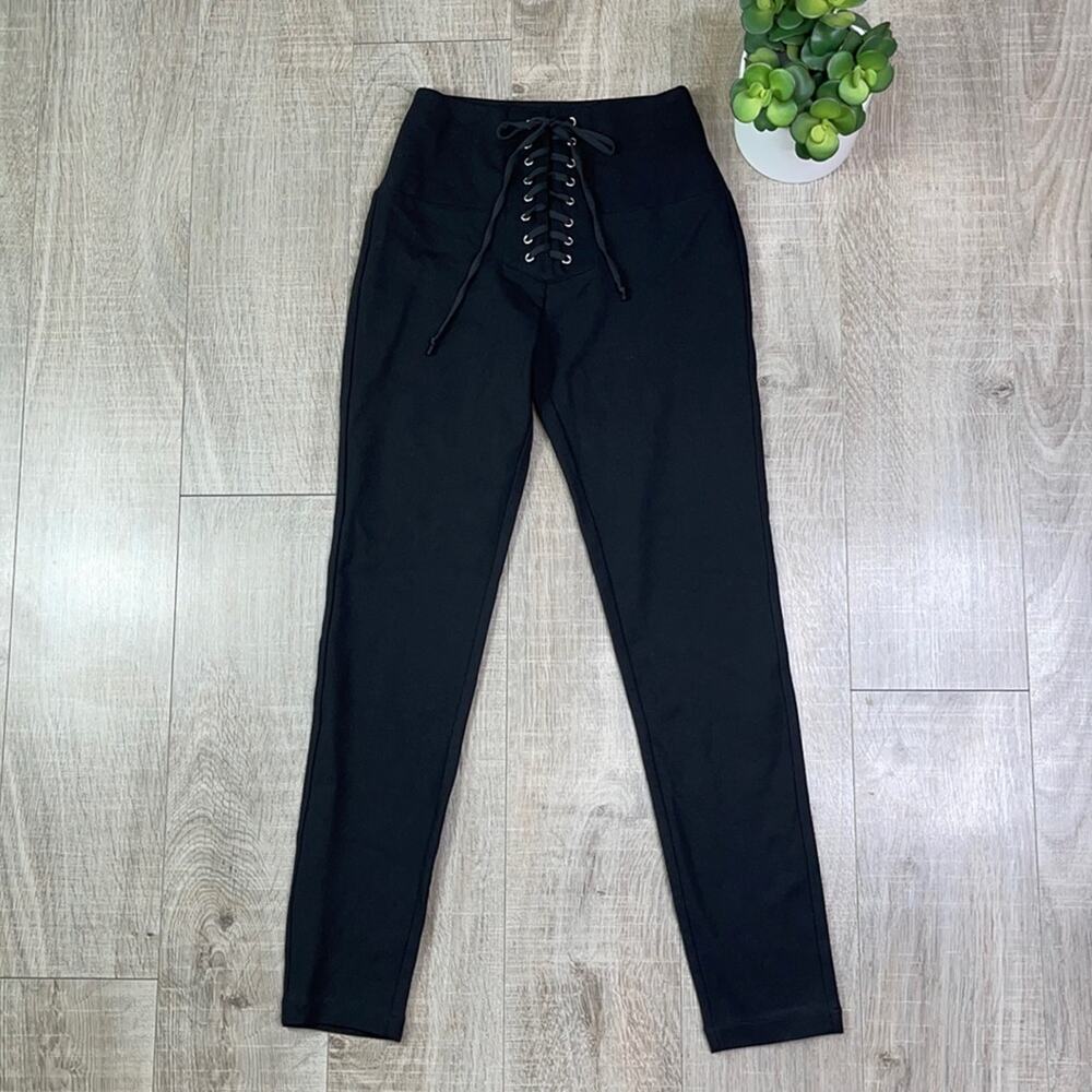 NWT LOVERS + FRIENDS Women's Black High Waist Lace Up Leggings Pants